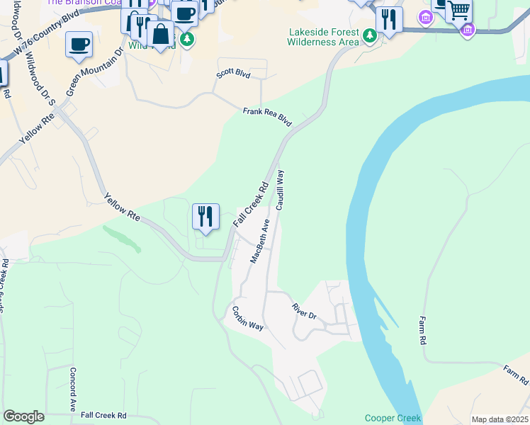 map of restaurants, bars, coffee shops, grocery stores, and more near 214 Macbeth Avenue in Branson