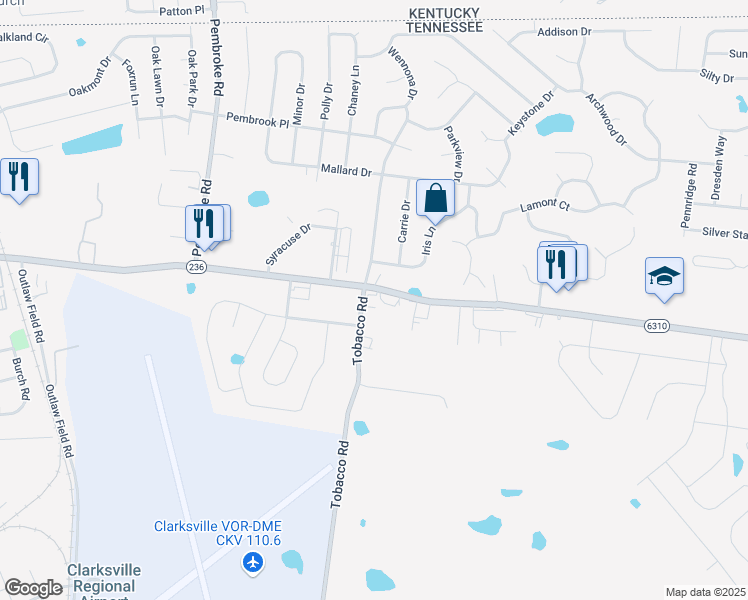map of restaurants, bars, coffee shops, grocery stores, and more near 800 Tiny Town Road in Clarksville