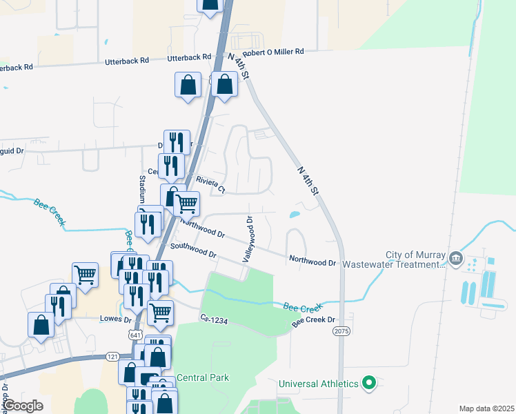 map of restaurants, bars, coffee shops, grocery stores, and more near 904 Hillwood Drive in Murray