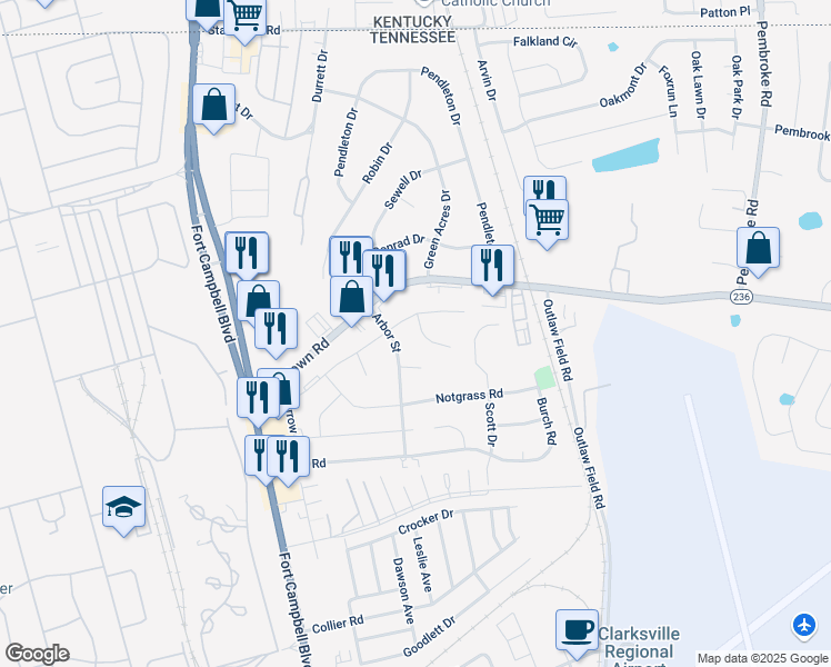 map of restaurants, bars, coffee shops, grocery stores, and more near 2713 East Copeland Court in Clarksville