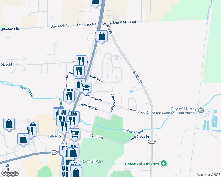 map of restaurants, bars, coffee shops, grocery stores, and more near 1419 Hillwood Drive in Murray