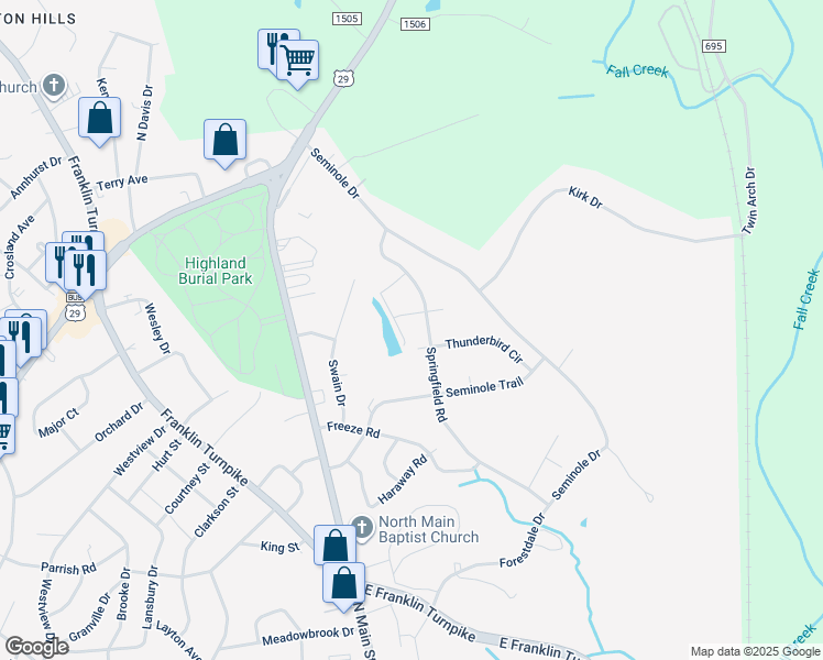 map of restaurants, bars, coffee shops, grocery stores, and more near 713 Springfield Road in Danville