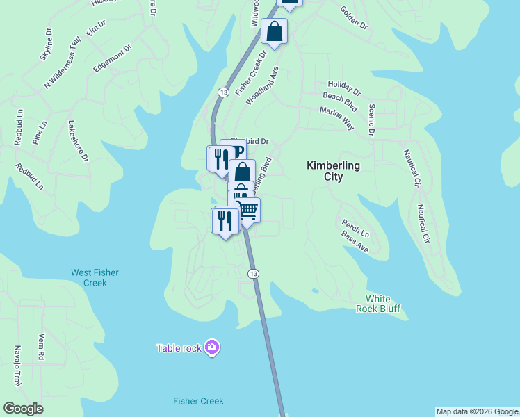 map of restaurants, bars, coffee shops, grocery stores, and more near Pink Sunset Lane in Kimberling City