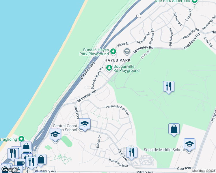 map of restaurants, bars, coffee shops, grocery stores, and more near 412 Buna Loop in Seaside
