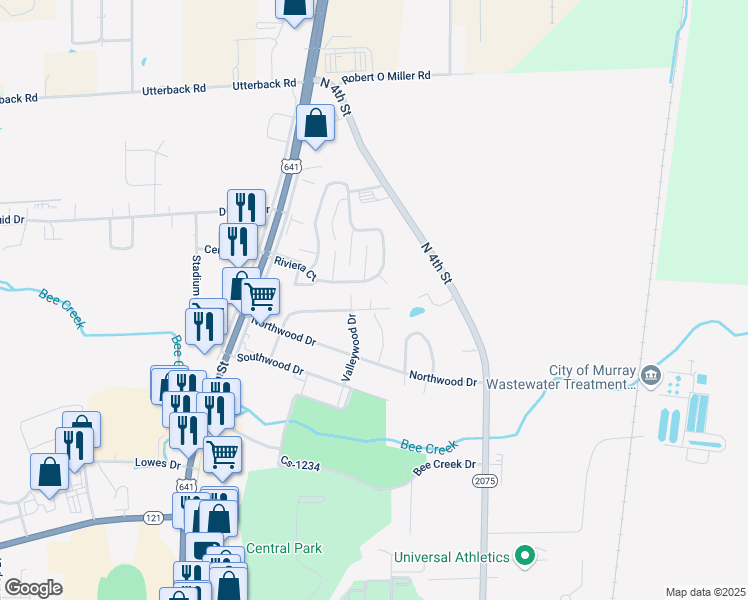 map of restaurants, bars, coffee shops, grocery stores, and more near 904 Hillwood Drive in Murray