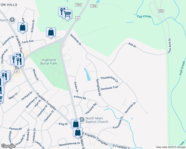 map of restaurants, bars, coffee shops, grocery stores, and more near 713 Springfield Road in Danville