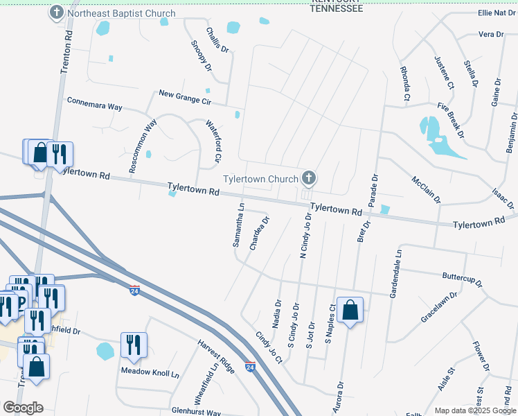 map of restaurants, bars, coffee shops, grocery stores, and more near 1065 Chardea Drive in Clarksville