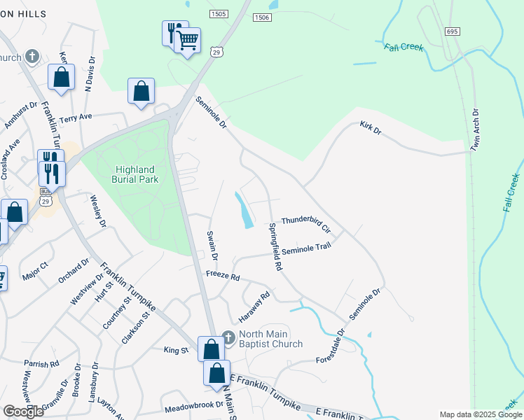 map of restaurants, bars, coffee shops, grocery stores, and more near 713 Springfield Road in Danville
