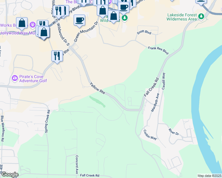 map of restaurants, bars, coffee shops, grocery stores, and more near 350 South Wildwood Drive in Branson