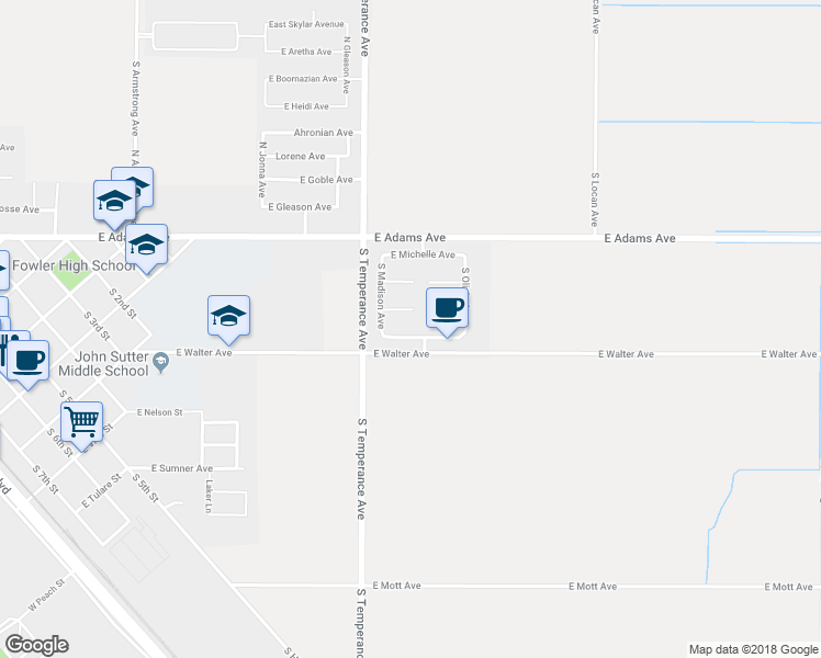 map of restaurants, bars, coffee shops, grocery stores, and more near 2218 East Katherine Avenue in Fowler