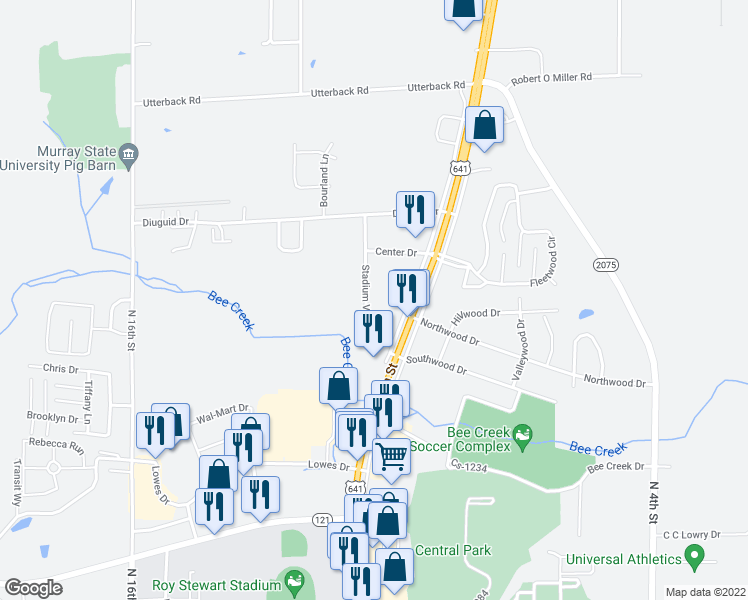 map of restaurants, bars, coffee shops, grocery stores, and more near 1416 Stadium View Drive in Murray