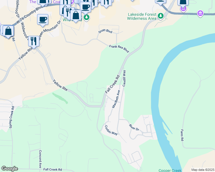 map of restaurants, bars, coffee shops, grocery stores, and more near 2316 Fall Creek Rd in Branson