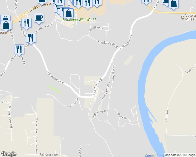 map of restaurants, bars, coffee shops, grocery stores, and more near 2316 Fall Creek Road in Branson