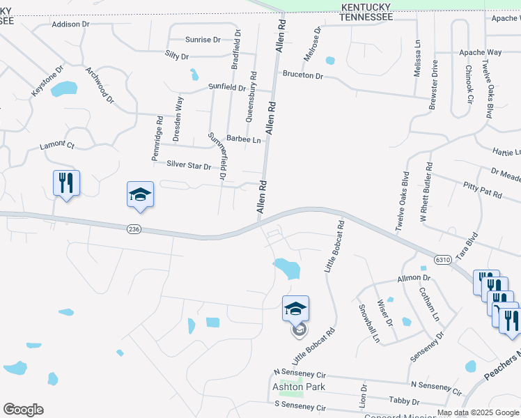 map of restaurants, bars, coffee shops, grocery stores, and more near 1028-1124 State Highway 6310 in Clarksville