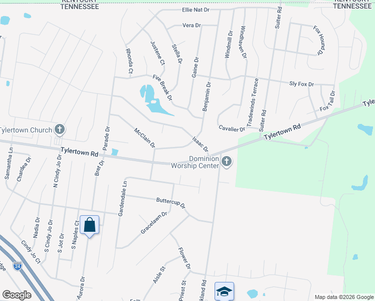 map of restaurants, bars, coffee shops, grocery stores, and more near 3828 Benjamin Drive in Clarksville