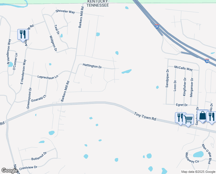map of restaurants, bars, coffee shops, grocery stores, and more near 2400 Andersonville Drive in Clarksville