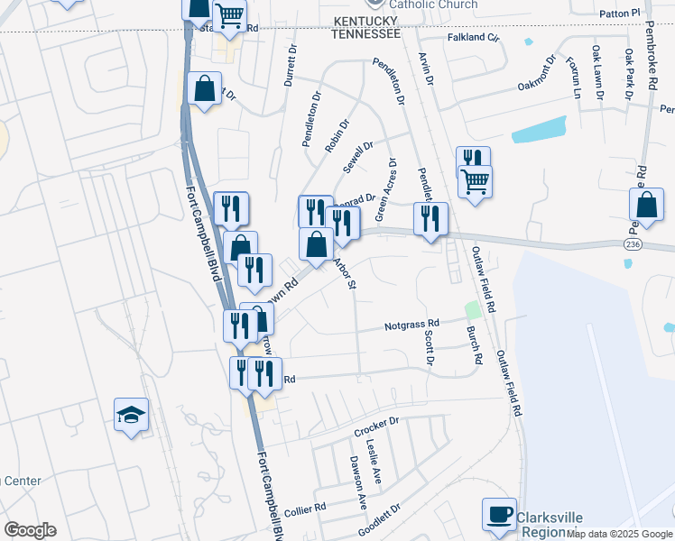 map of restaurants, bars, coffee shops, grocery stores, and more near 235 Copeland Rd in Clarksville