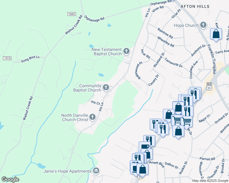 map of restaurants, bars, coffee shops, grocery stores, and more near 614 Iris Lane in Danville