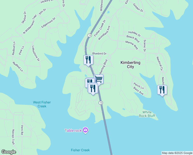 map of restaurants, bars, coffee shops, grocery stores, and more near Frank Lane in Kimberling City