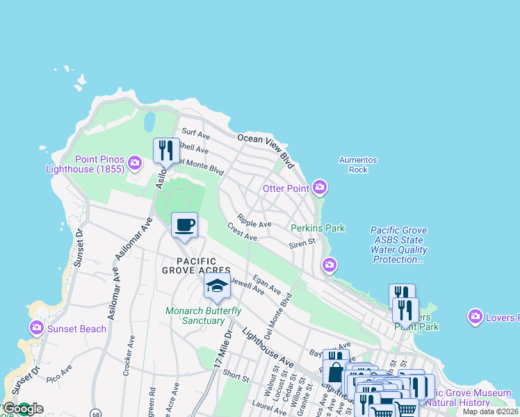 map of restaurants, bars, coffee shops, grocery stores, and more near 90 Quarterdeck Way in Pacific Grove
