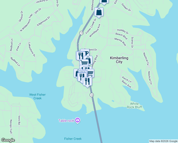 map of restaurants, bars, coffee shops, grocery stores, and more near Frank Lane in Kimberling City