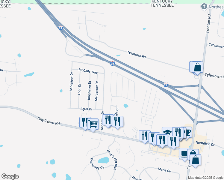map of restaurants, bars, coffee shops, grocery stores, and more near 2395 Loupin Drive in Clarksville