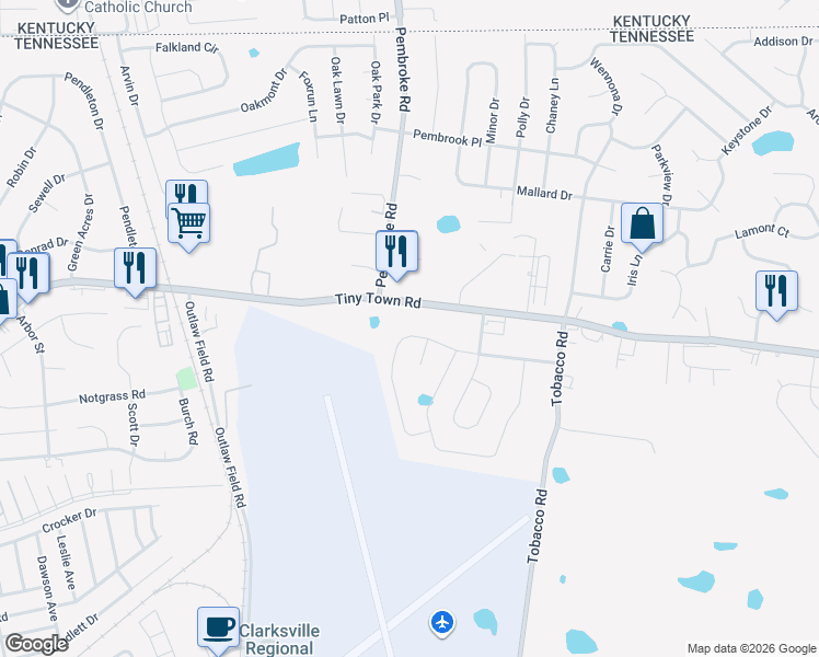 map of restaurants, bars, coffee shops, grocery stores, and more near 707 Sturdivant Drive in Clarksville