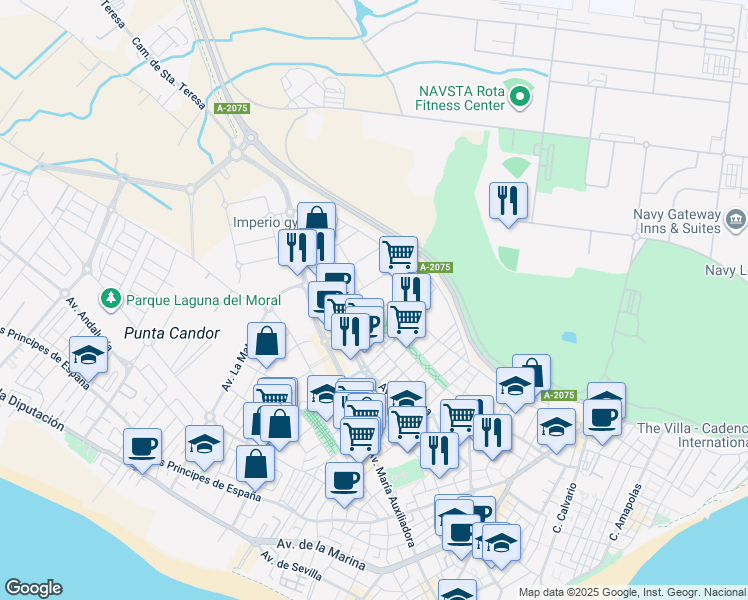 map of restaurants, bars, coffee shops, grocery stores, and more near 21 Calle Herreros in Rota