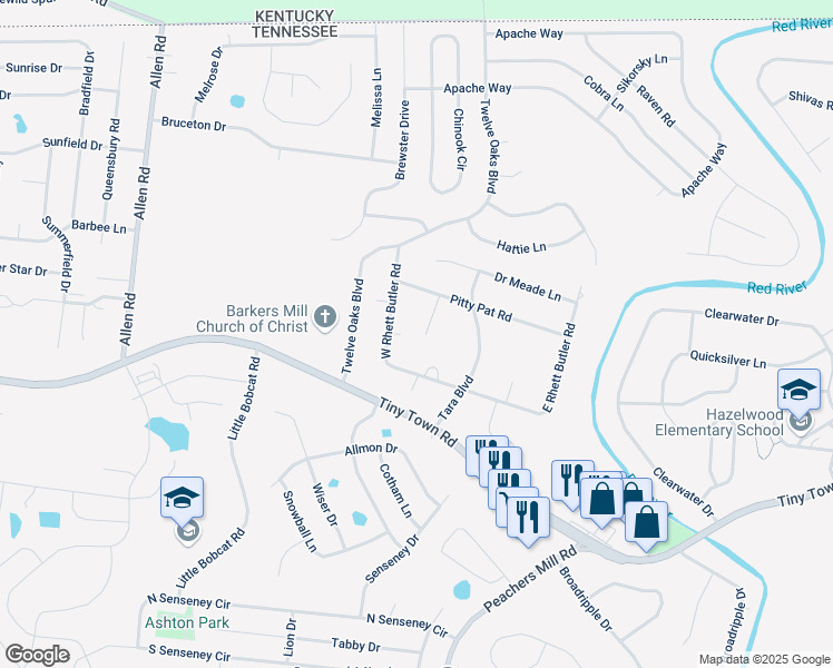 map of restaurants, bars, coffee shops, grocery stores, and more near 106 Melanie Lane in Clarksville