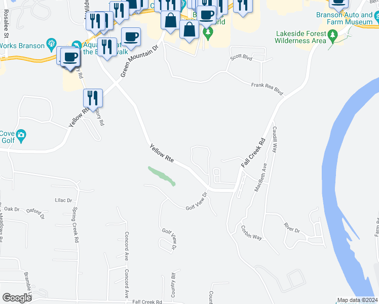map of restaurants, bars, coffee shops, grocery stores, and more near 350 Wildwood Drive South in Branson