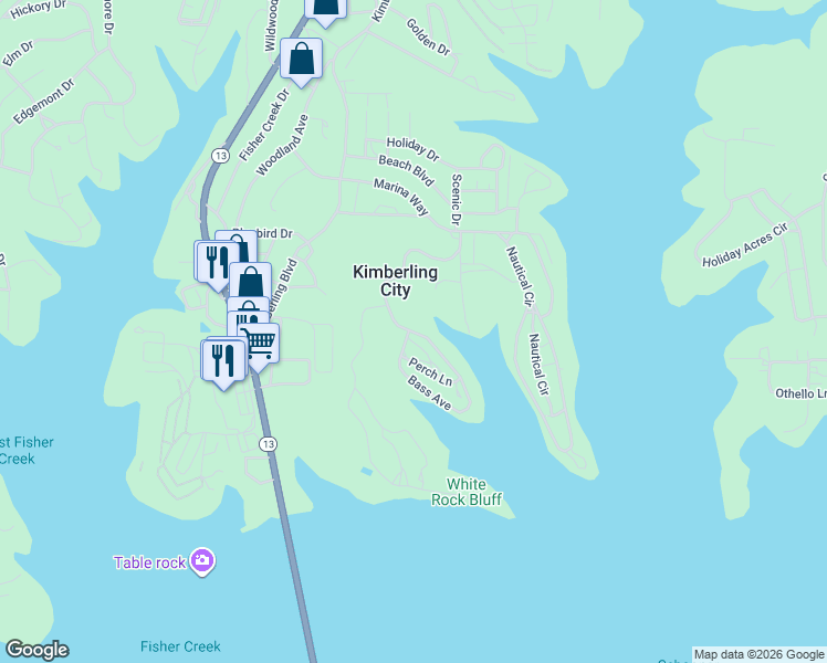 map of restaurants, bars, coffee shops, grocery stores, and more near Cape Kimberling Road in Kimberling City