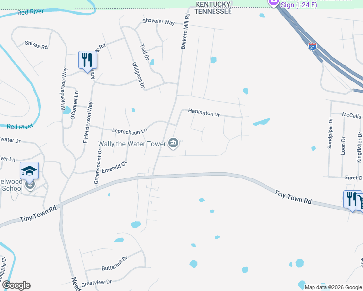 map of restaurants, bars, coffee shops, grocery stores, and more near 2481 Andersonville Drive in Clarksville