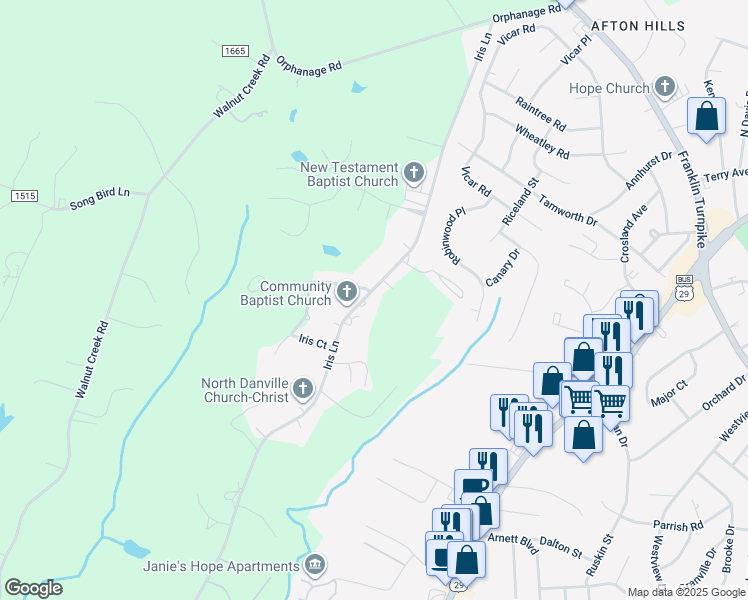 map of restaurants, bars, coffee shops, grocery stores, and more near 614 Iris Lane in Danville