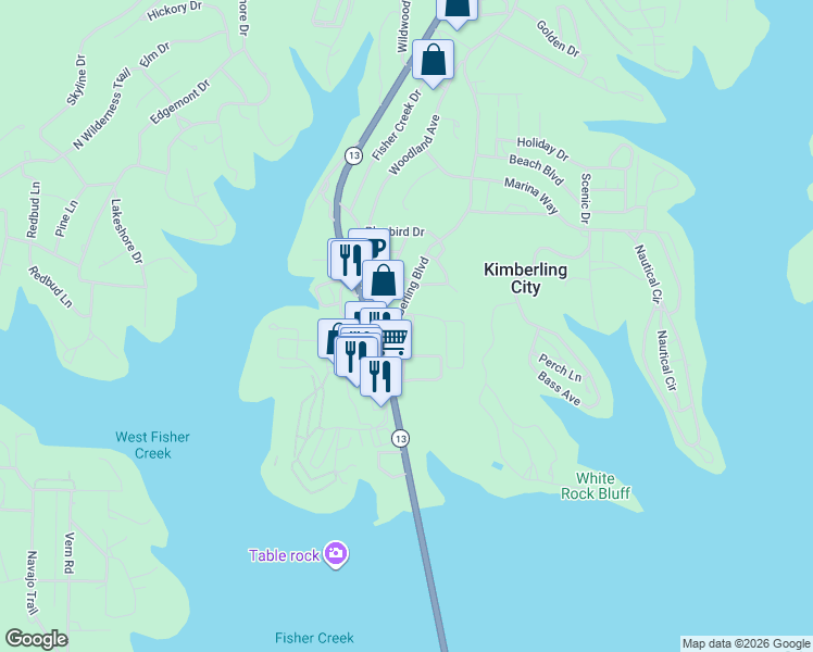 map of restaurants, bars, coffee shops, grocery stores, and more near Pink Sunset Lane in Kimberling City