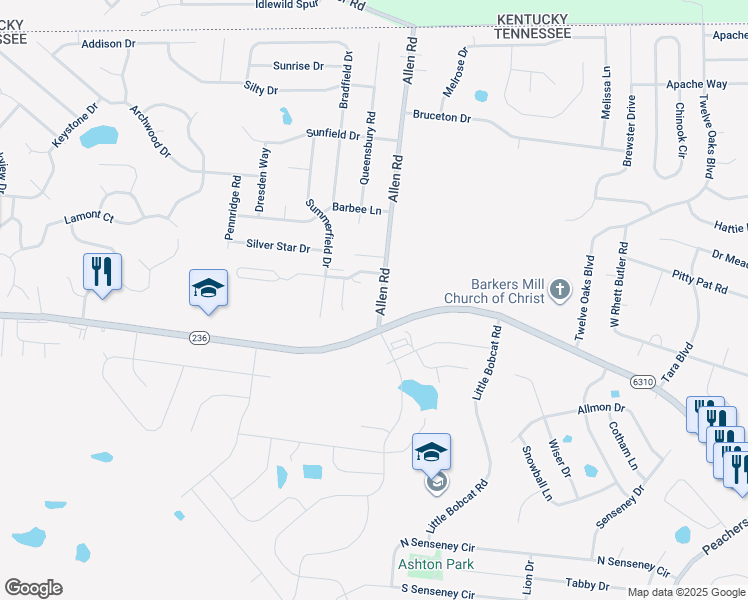 map of restaurants, bars, coffee shops, grocery stores, and more near 3326 Allen Road in Clarksville