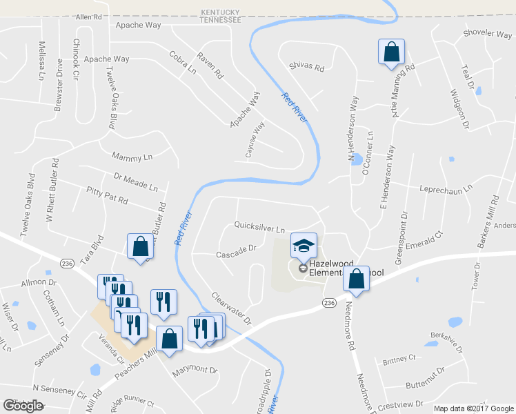 map of restaurants, bars, coffee shops, grocery stores, and more near 3424 Quicksilver Lane in Clarksville