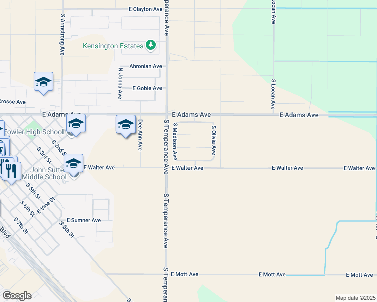 map of restaurants, bars, coffee shops, grocery stores, and more near 2218 East Katherine Avenue in Fowler