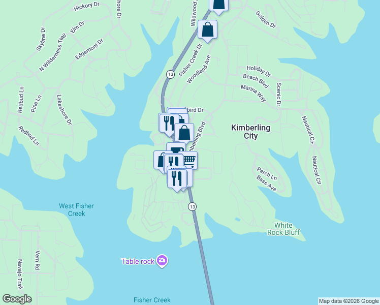 map of restaurants, bars, coffee shops, grocery stores, and more near Pink Sunset Lane in Kimberling City