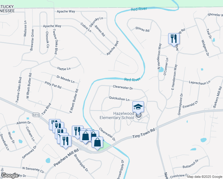 map of restaurants, bars, coffee shops, grocery stores, and more near 3414 Quicksilver Lane in Clarksville