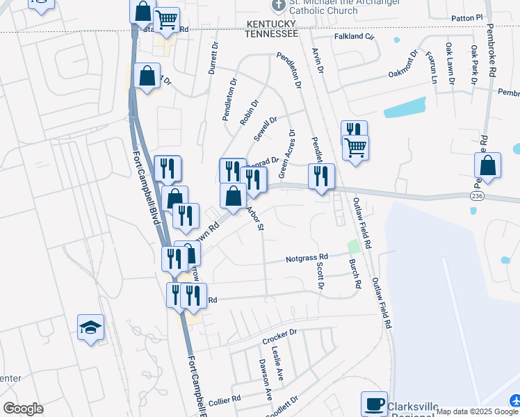 map of restaurants, bars, coffee shops, grocery stores, and more near 235 Copeland Road in Clarksville