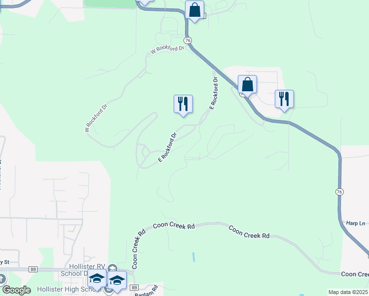 map of restaurants, bars, coffee shops, grocery stores, and more near 585 Timbercreek Road in Branson