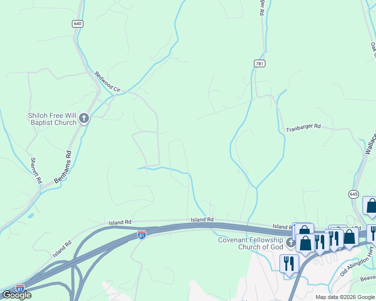 map of restaurants, bars, coffee shops, grocery stores, and more near 22332-22454 Willow Creek Circle in Bristol