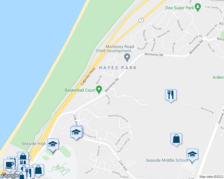 map of restaurants, bars, coffee shops, grocery stores, and more near 412 Buna Loop in Seaside