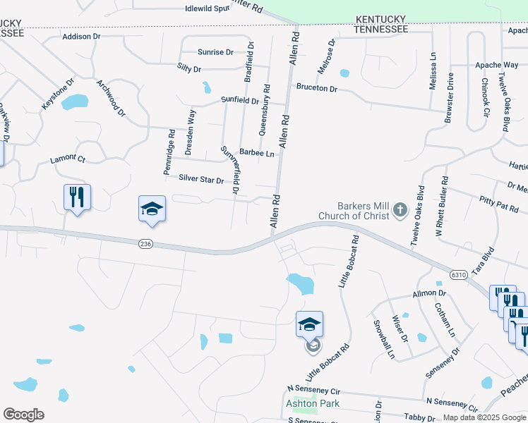 map of restaurants, bars, coffee shops, grocery stores, and more near 3326 Allen Road in Clarksville