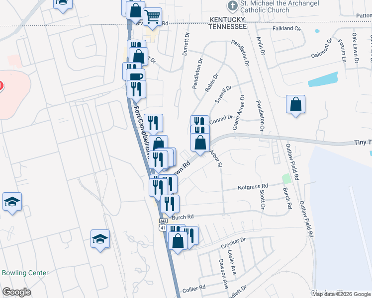 map of restaurants, bars, coffee shops, grocery stores, and more near 214 Tiny Town Road in Clarksville