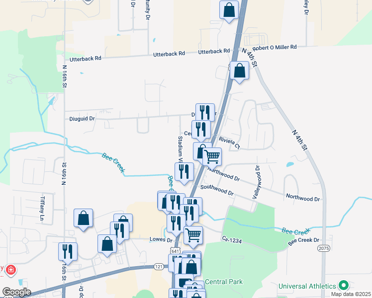 map of restaurants, bars, coffee shops, grocery stores, and more near 1416-1418 Stadium View Drive in Murray