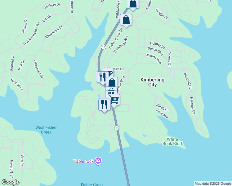 map of restaurants, bars, coffee shops, grocery stores, and more near Pink Sunset Lane in Kimberling City