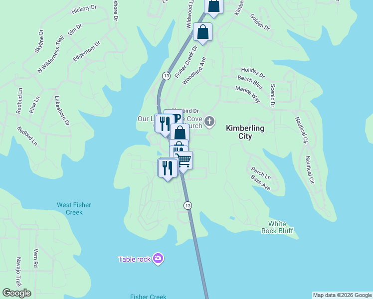 map of restaurants, bars, coffee shops, grocery stores, and more near Pink Sunset Lane in Kimberling City
