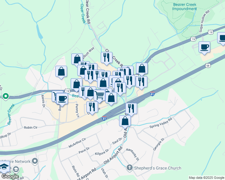 map of restaurants, bars, coffee shops, grocery stores, and more near 3091 Lee Highway in Bristol