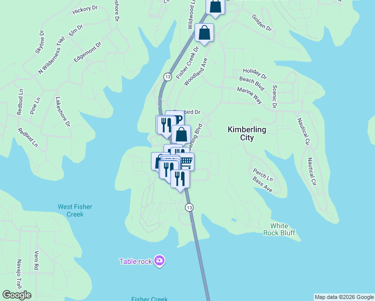 map of restaurants, bars, coffee shops, grocery stores, and more near Pink Sunset Lane in Kimberling City